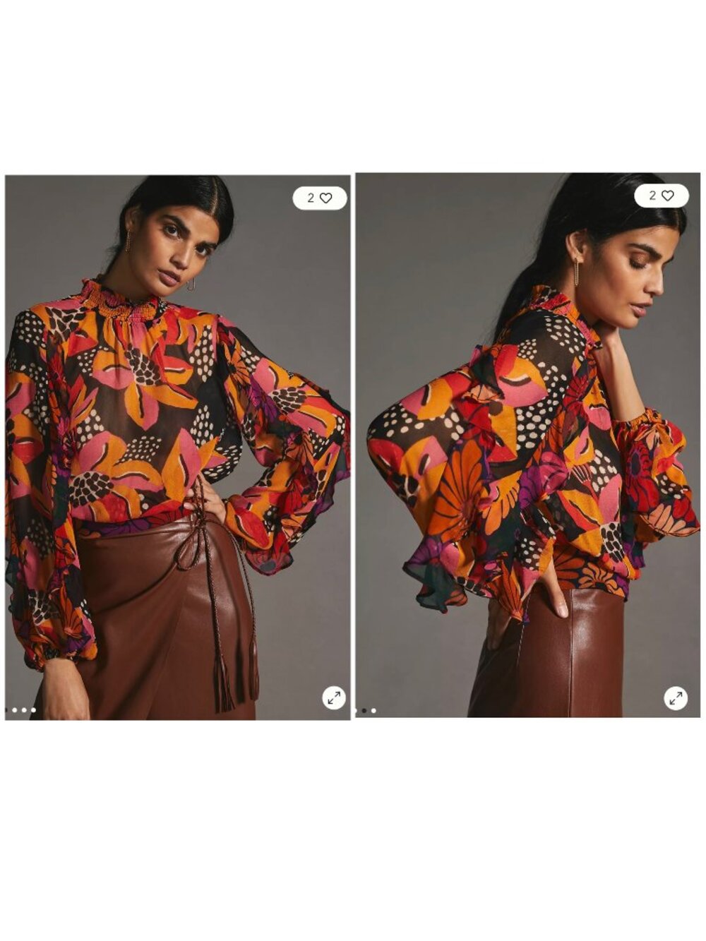 Farm Rio Sheer Ruffled Top Small Multicolor Floral Mock Neck Ballon Long Sleeves